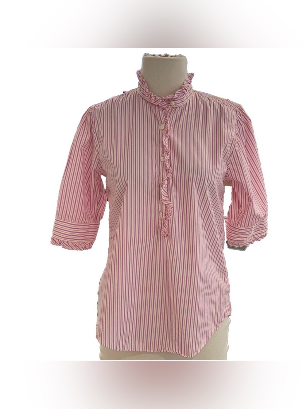 Ann Mashburn Pink Stripe Frill Cotton Popover Blouse, size S